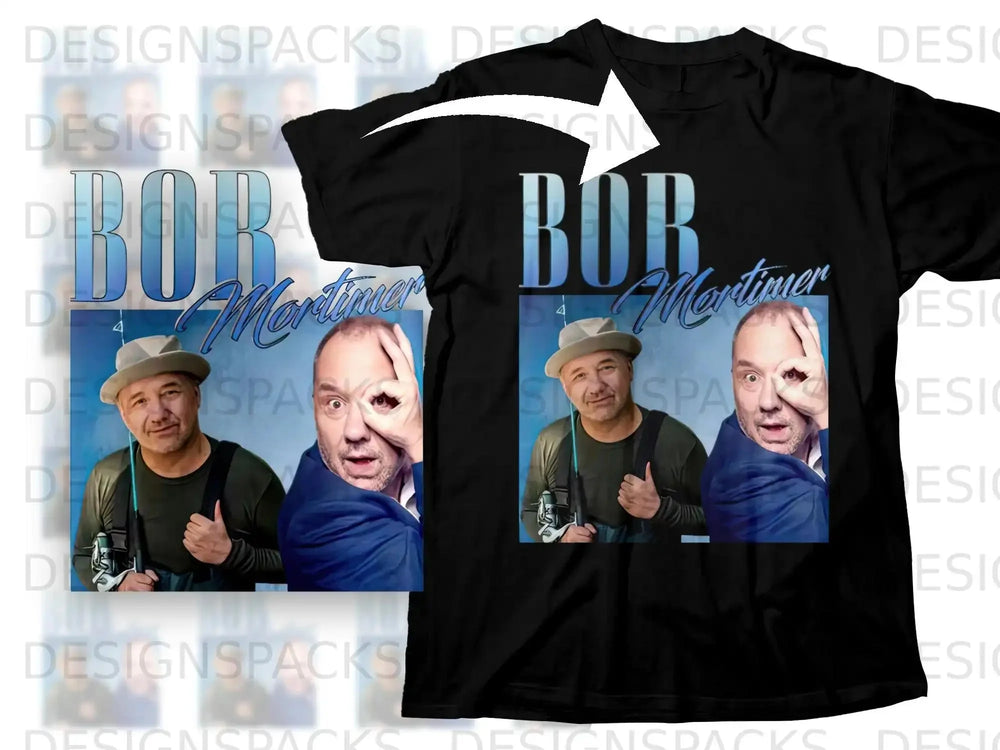 Black t-shirt featuring comedian Bob Mortimer in a blue jacket and hat.