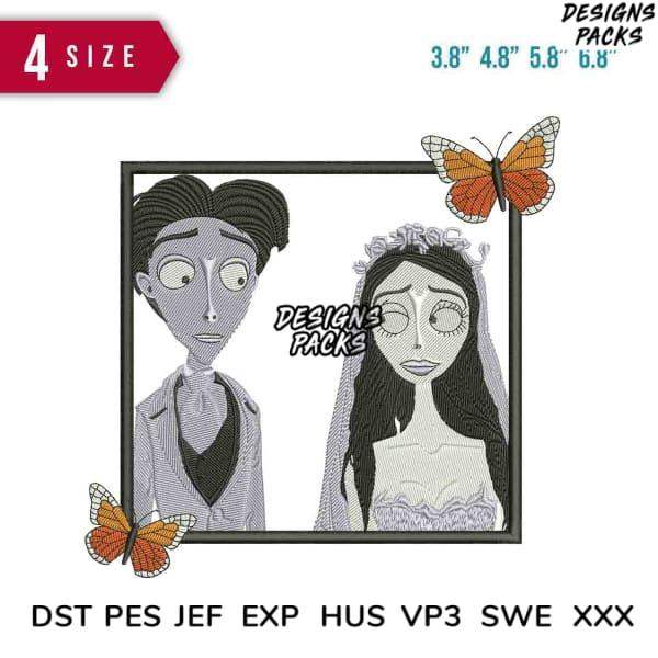 Embroidery design of wedding couple with butterflies, available in DST PES JEF formats for instant download