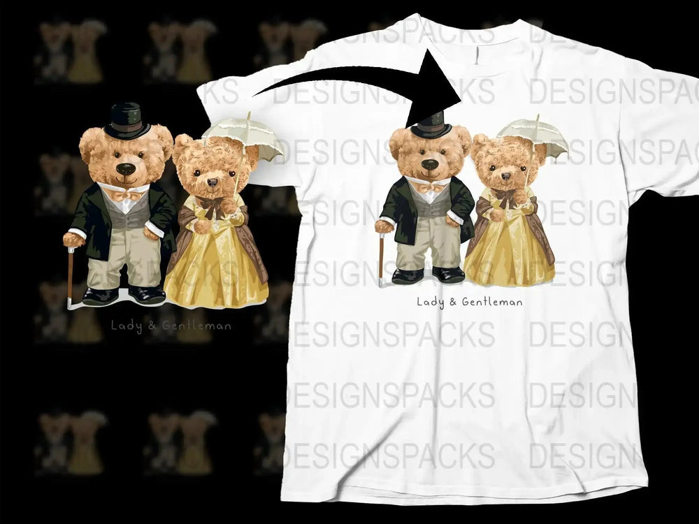Victorian Style Teddy Bears Couple Illustration Png Digital Download