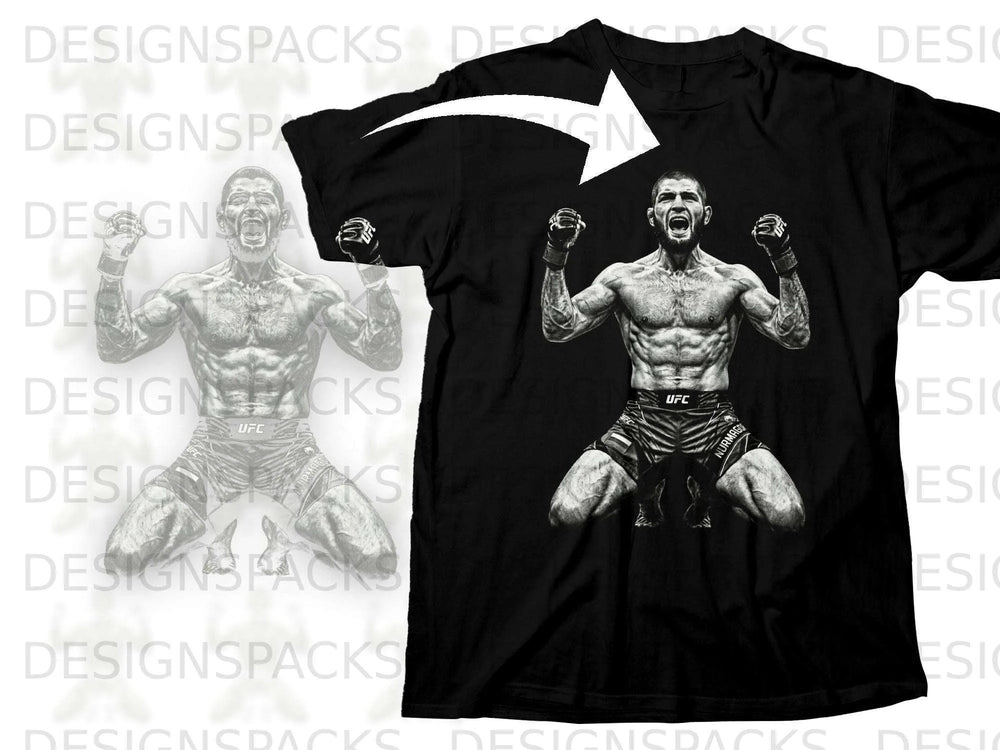 Black t-shirt with a graphic of a fighter in fight shorts and gloves.
