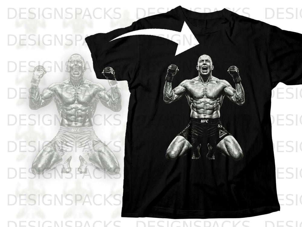 Black t-shirt featuring a black and white graphic of a muscular fighter with UFC and Reebok logos.
