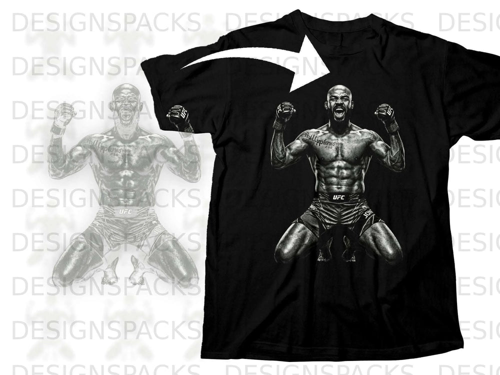 Black t-shirt featuring Jon Jones artwork with UFC logo on shorts.