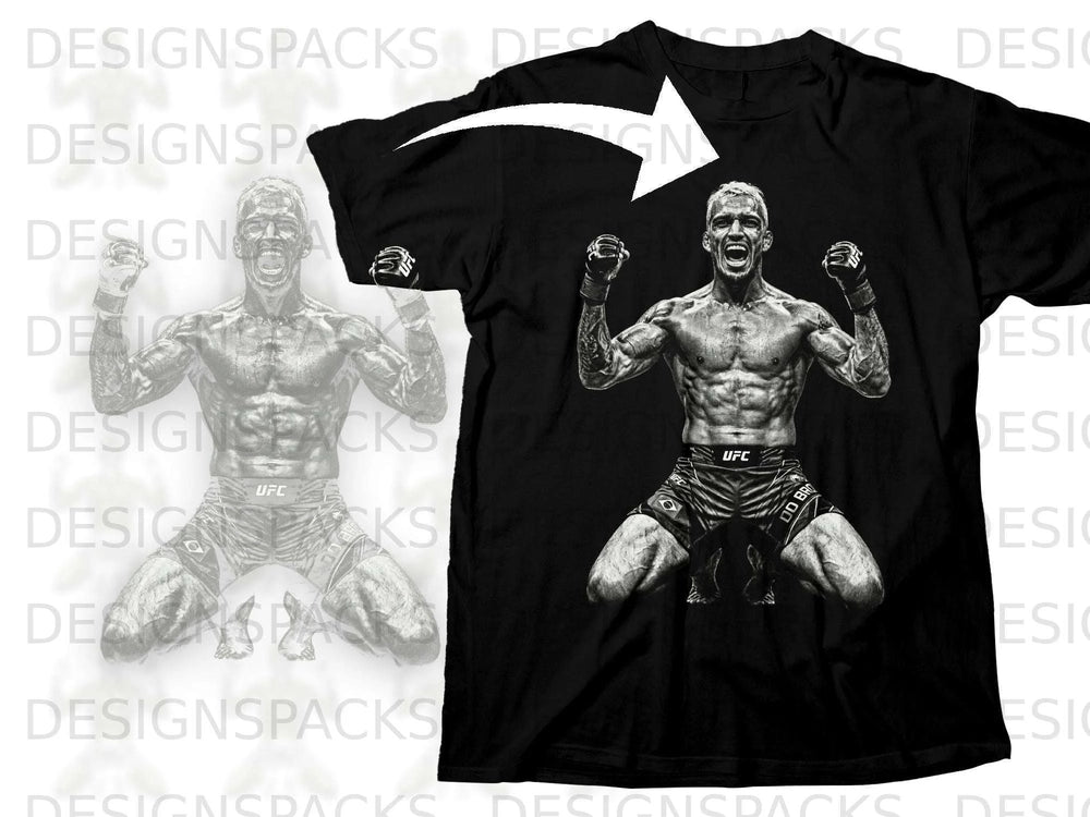 Black t-shirt with a graphic of an MMA fighter with arms raised and fists clenched.