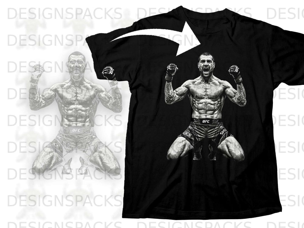 Black t-shirt with a detailed sketch of a victorious UFC fighter wearing shorts.