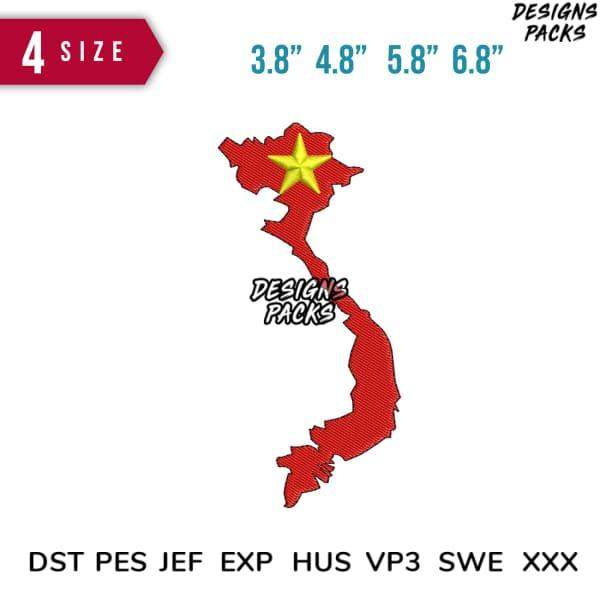 Vietnam map embroidery design with star, 4 sizes, DST PES JEF formats for instant download