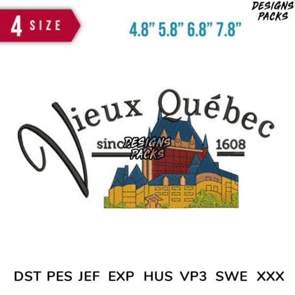 Vieux Québec embroidery design with castle graphic, available in 4 sizes and multiple formats