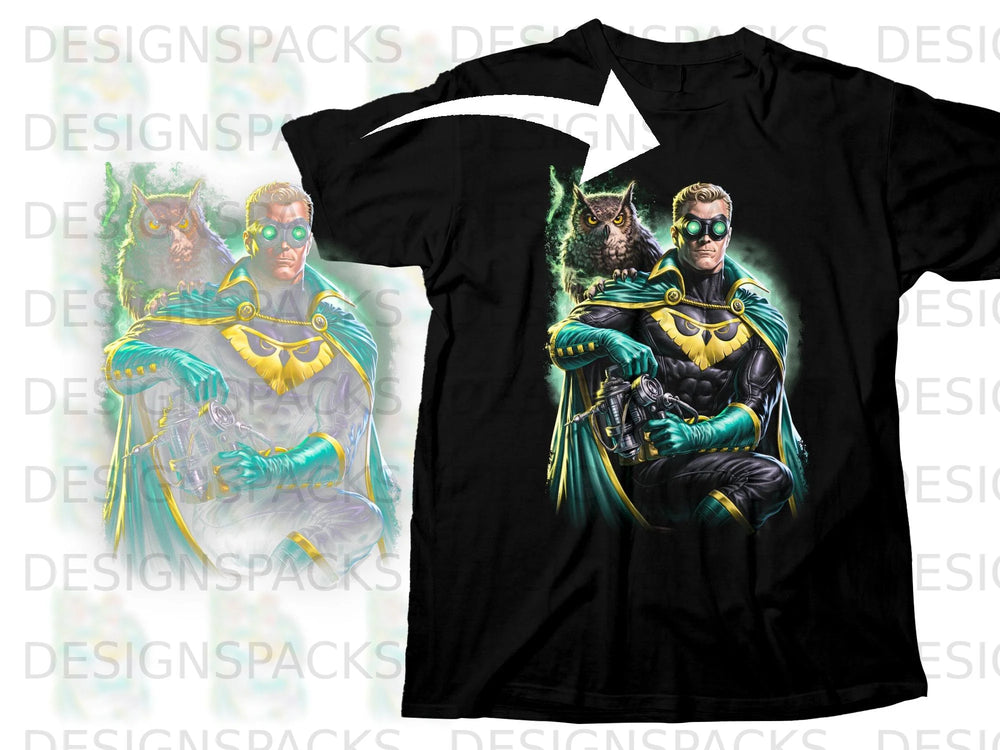 Black t-shirt with superhero and owl graphic, green and gold costume.