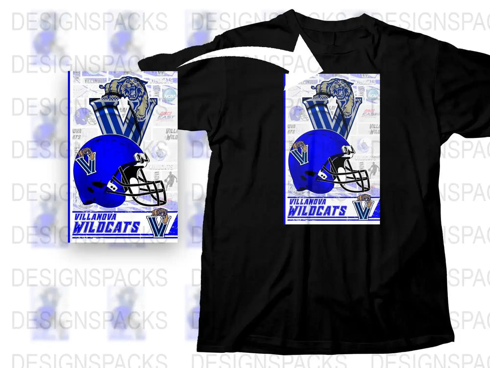 Villanova Wildcats Football Helmet Graphic T-Shirt, Blue and White Sports Tee, College Fan Apparel