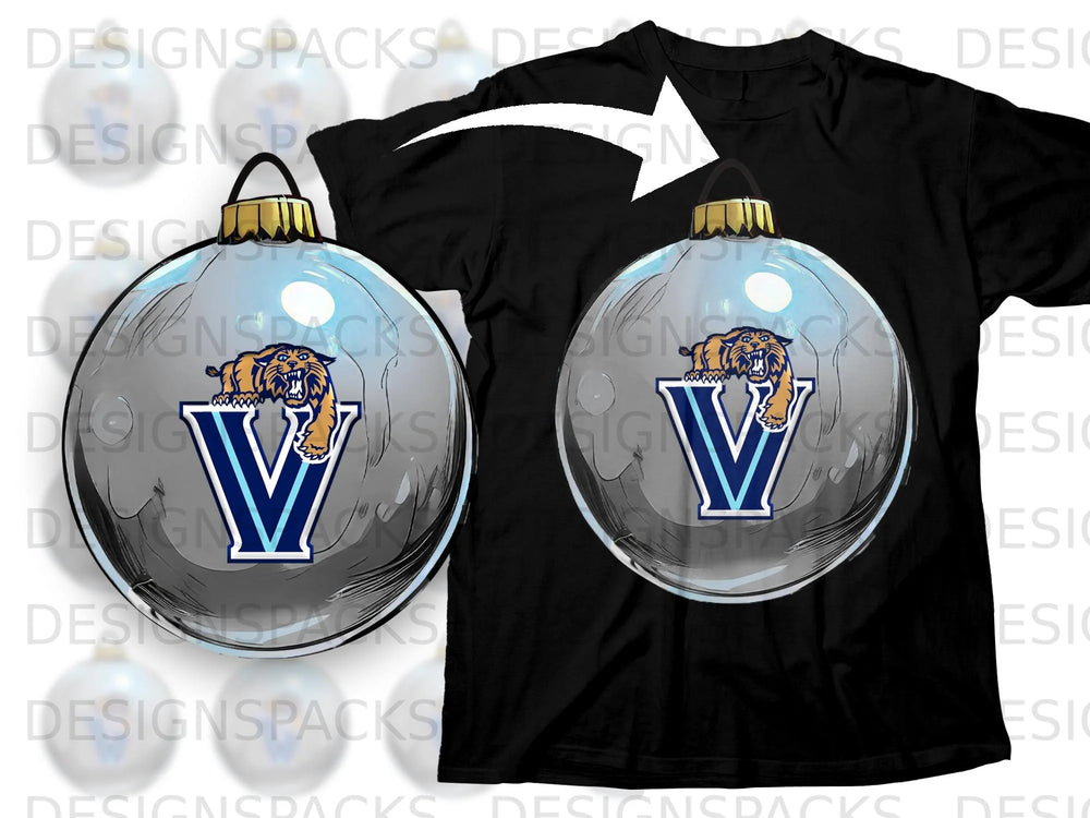 Villanova Wildcats logo on Christmas ornament and black t-shirt design.