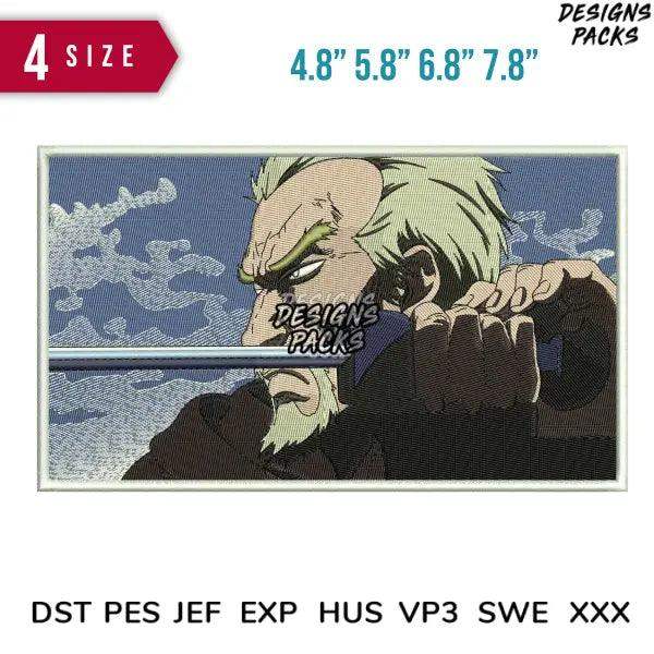 Anime-style embroidery design of intense character, available in 4 sizes & multiple formats for instant download