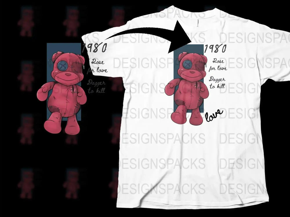 Vintage 1980 Bear with Heart Unique Design Png Digital Download