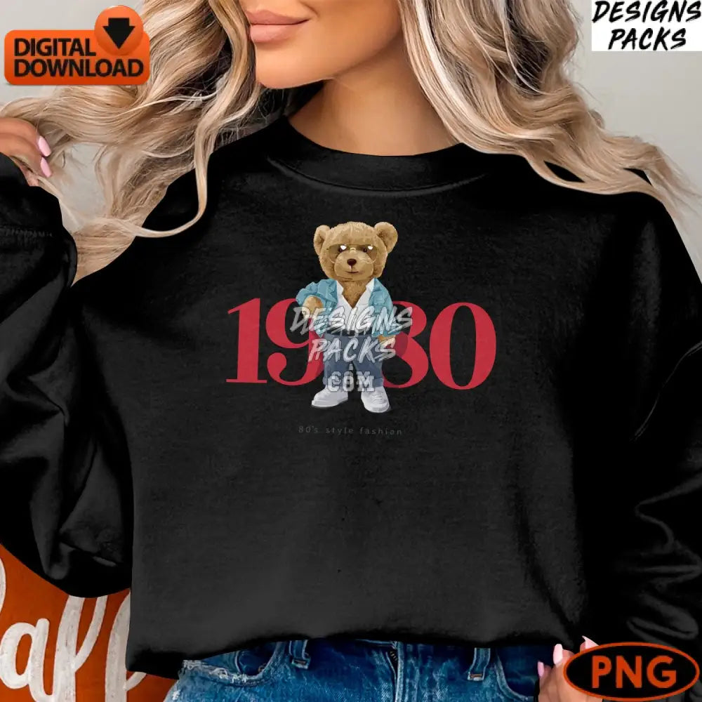 Vintage 1980 Teddy Bear In Jeans Jacket Retro Style Digital Illustration Instant Download Png File