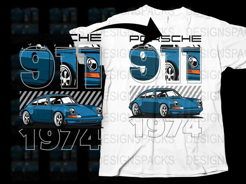 Vintage Blue Porsche 1974 Classic Car Png Digital Download