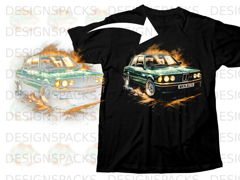 Black t-shirt featuring a green BMW with flames and smoke, license plate WKN 817X.
