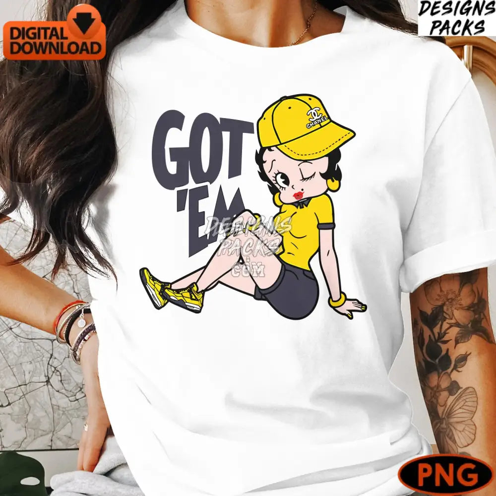 Vintage Cartoon Girl In Yellow Hat Digital Art Instant Download Png Stylish Retro Character