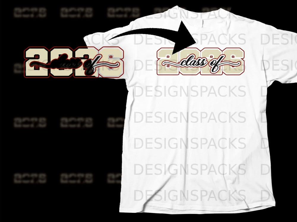 White t-shirt with "Class of 2023" graphic in tan and red.