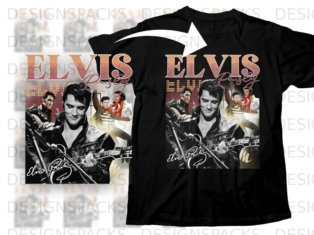 Elvis Presley on a black t-shirt with text and collage.