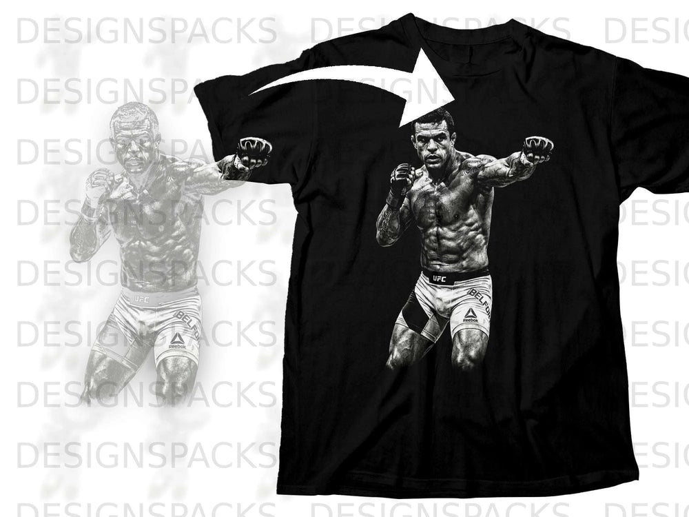 Black t-shirt with a graphic of a muscular fighter in UFC shorts.