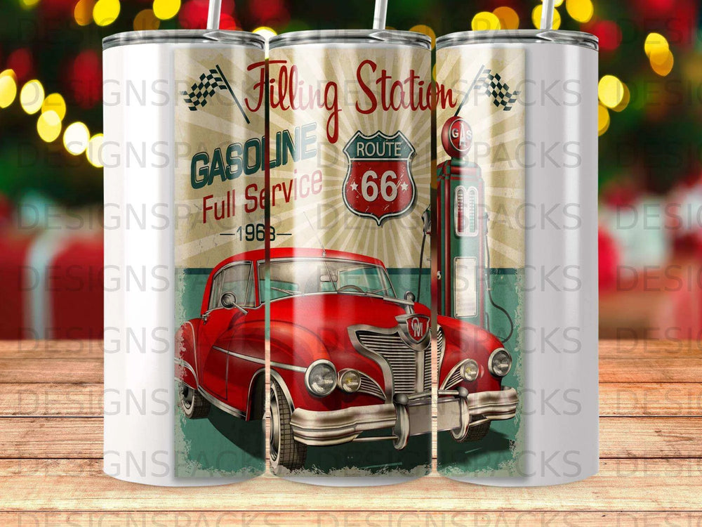 Vintage Filling Station Classic Car Route 66 Tumbler Digital Wrap Design