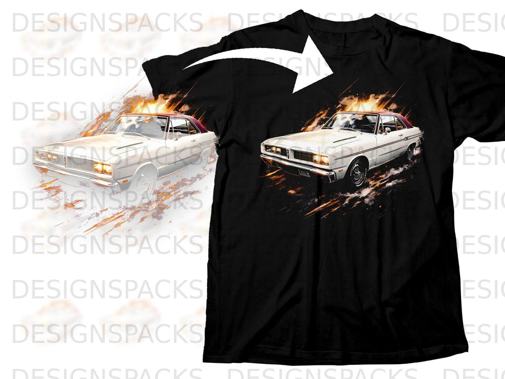 Black t-shirt with a white vintage car graphic surrounded by flames and smoke.