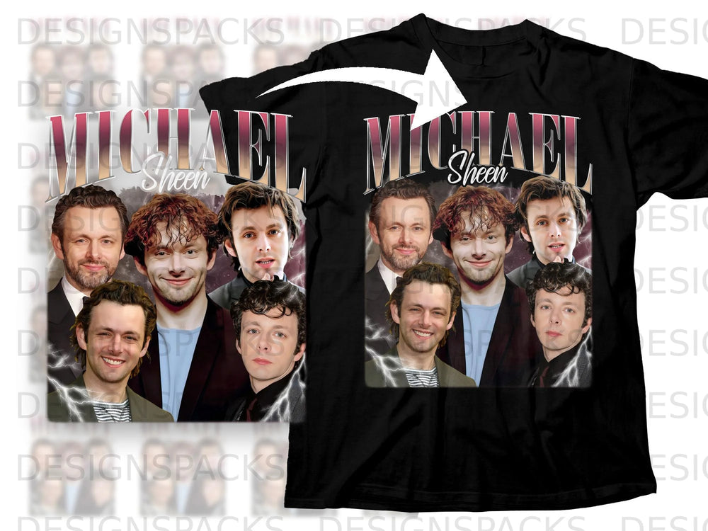Black t-shirt featuring a collage of Michael Sheen portraits with lightning graphics.