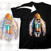 Black t-shirt featuring a graphic of a wooden speed boat in water.