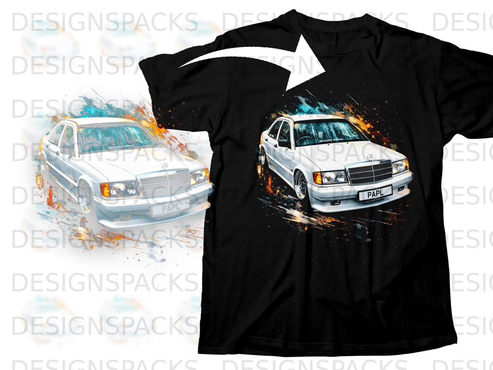 Black t-shirt featuring a graphic of a white Mercedes-Benz sedan surrounded by colorful watercolor splashes.