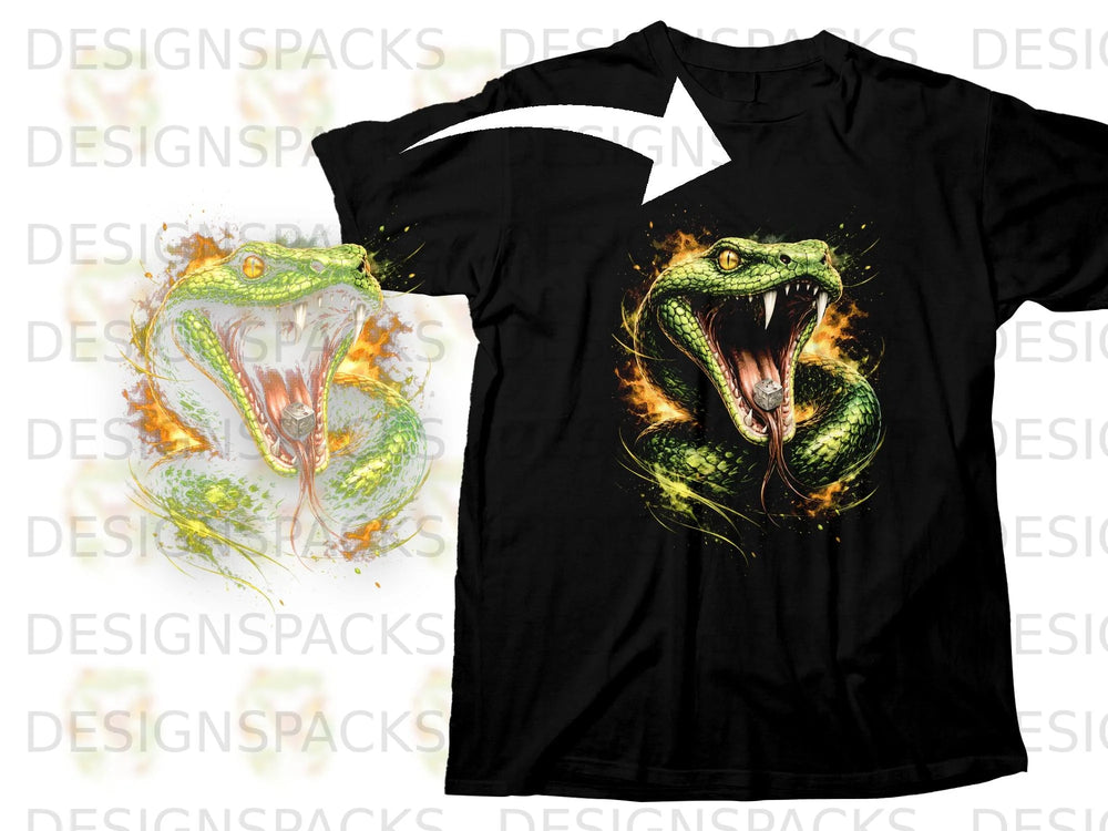 Black t-shirt with a roaring green viper graphic surrounded by fire and yellow sparks.
