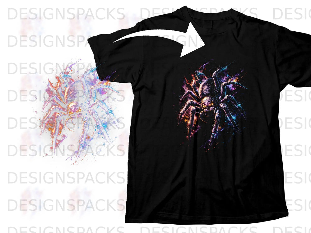 Black t-shirt with a colorful abstract spider graphic on the chest.