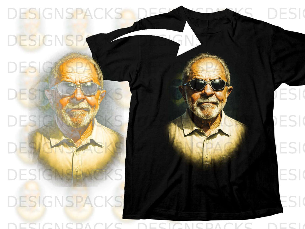 Black t-shirt with a portrait of an older man with sunglasses.