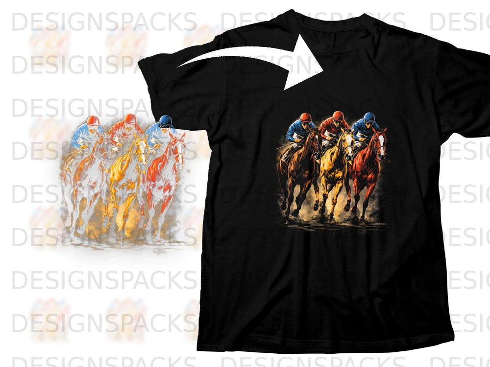 Black t-shirt with a graphic of four jockeys racing horses.