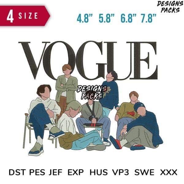 Vogue embroidery design with group illustration, available in 4 sizes and multiple formats