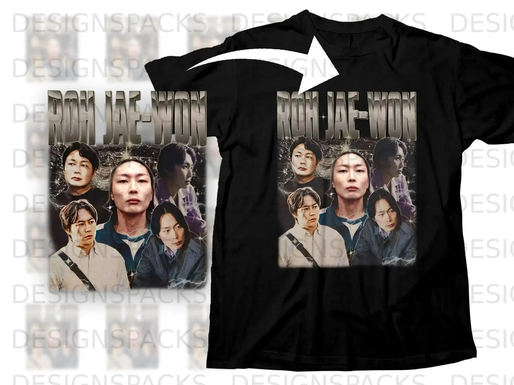 Black t-shirt featuring a collage of K-drama actors in a distressed graphic.