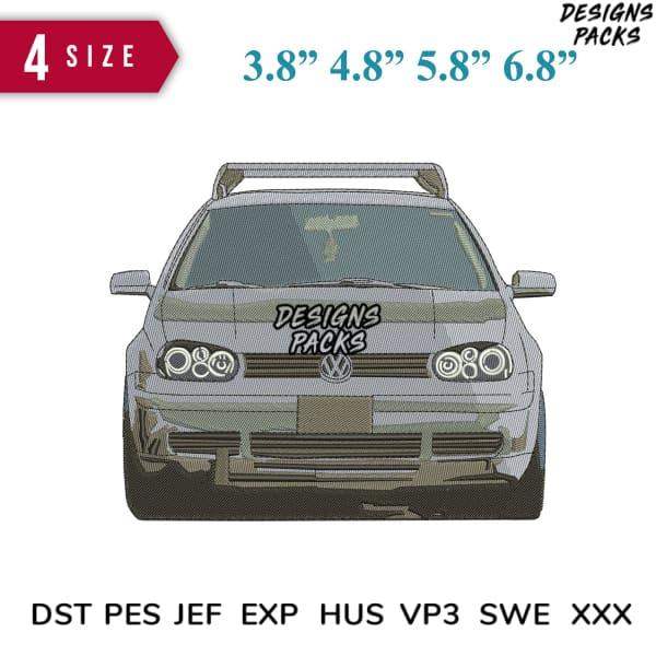 Embroidery design of car with 'Designs Packs' text, available in 4 sizes and multiple file formats for instant download.