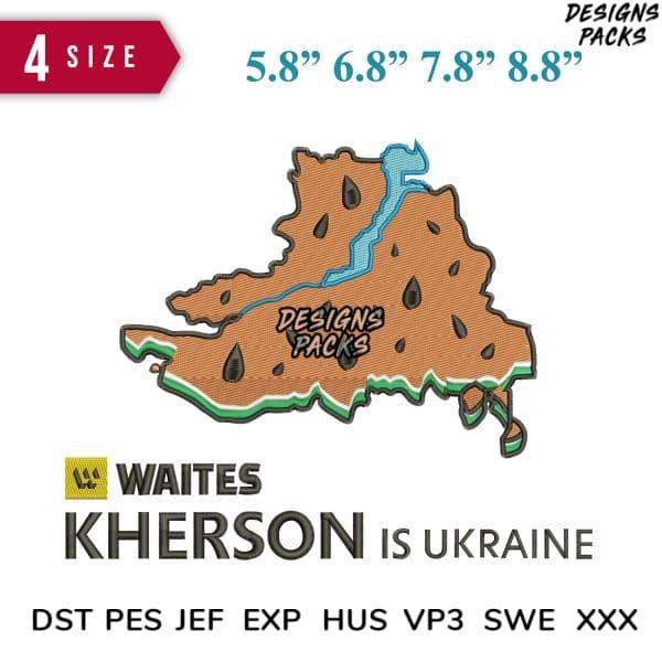 Embroidery design of Kherson, Ukraine map with river, available in multiple sizes and formats