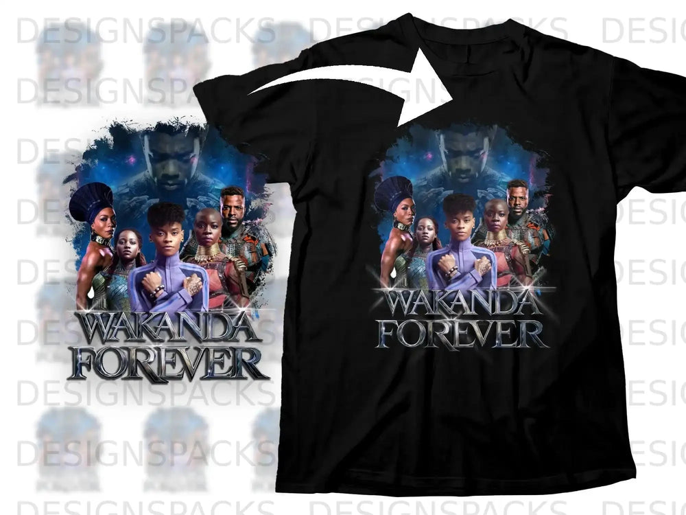 Black t-shirt with "Wakanda Forever" and Black Panther characters graphic.