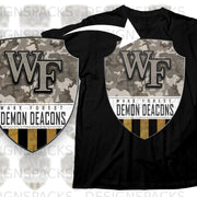 Black t-shirt with Wake Forest Demon Deacons logo in camouflage shield.