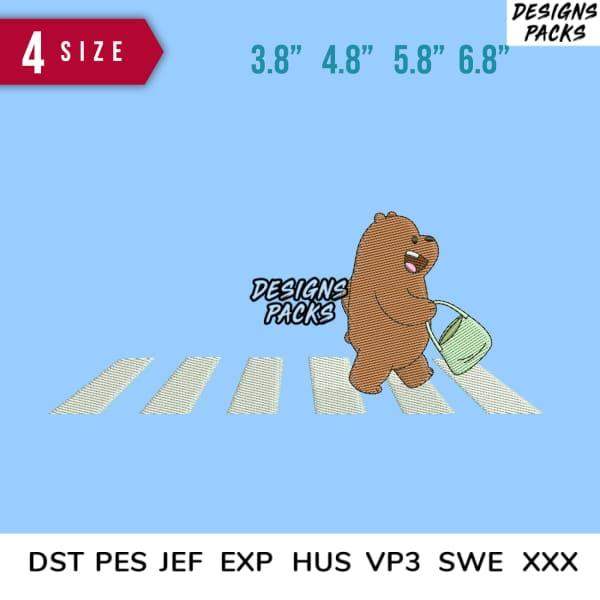 Embroidery design of bear crossing street with bag, available in multiple sizes and formats