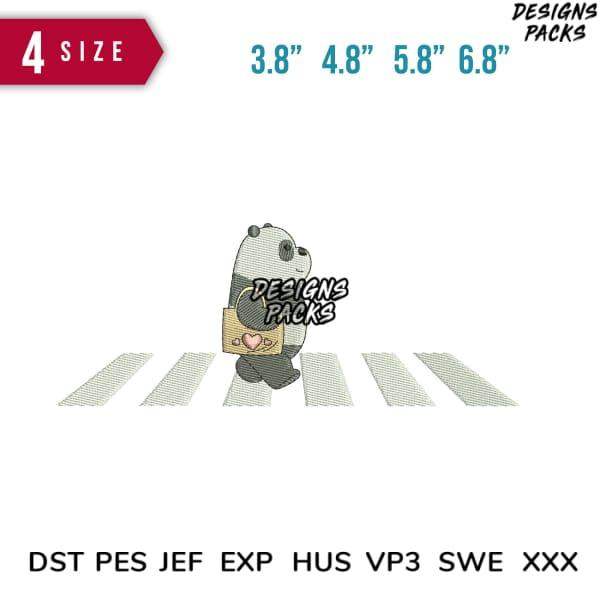 Cute panda embroidery design crossing zebra stripes, available in 4 sizes & multiple file formats for instant download.