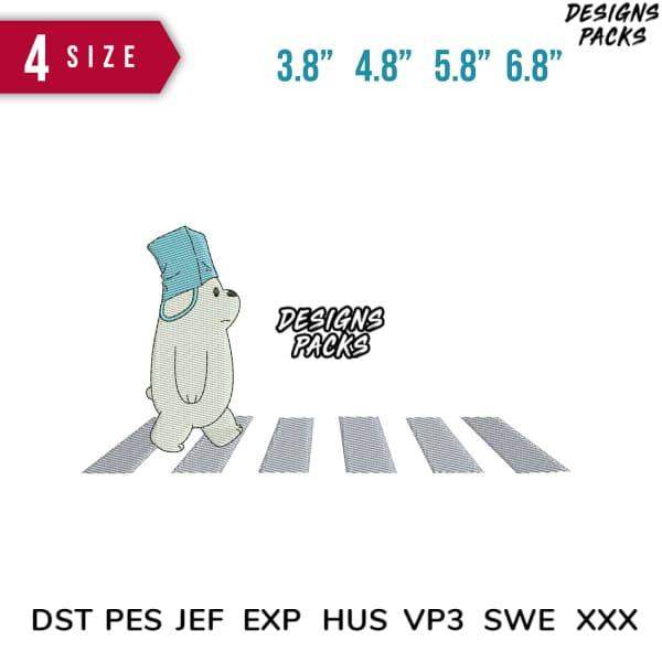 Cute polar bear wearing blue hat crossing zebra crossing, embroidery design in multiple sizes and formats