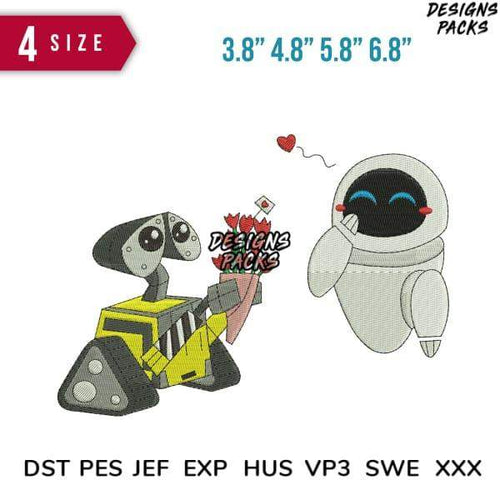 Wall-E & Eve embroidery design in 4 sizes, compatible with DST PES JEF formats for machine embroidery