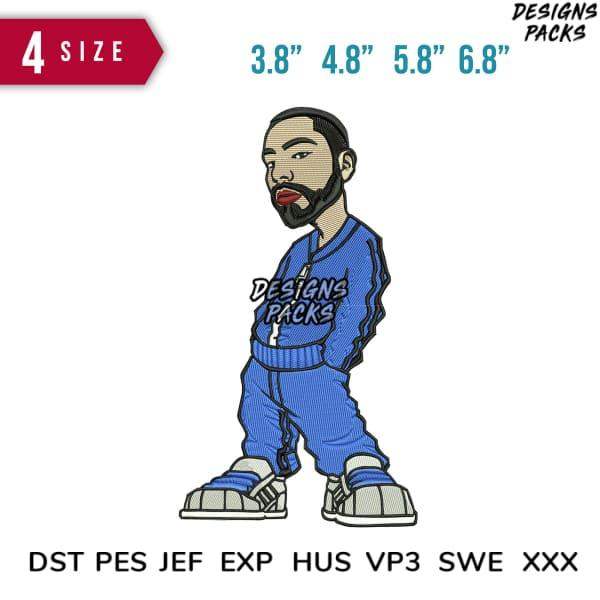 Embroidery design of a man in blue tracksuit with 'Designs Packs' text, available in multiple sizes and formats.
