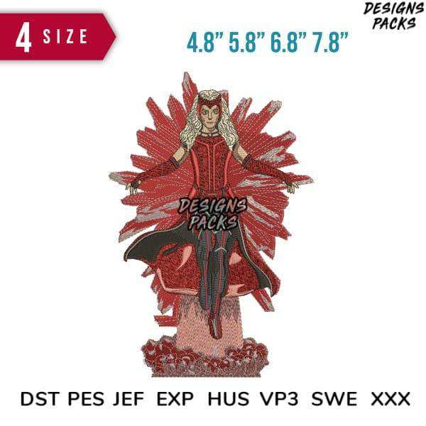 Scarlet Witch embroidery design in red cape, available in 4 sizes & multiple formats for instant download.