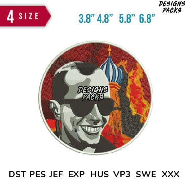 Embroidery design of smiling man with sunglasses, fiery background, 4 sizes, DST PES JEF formats
