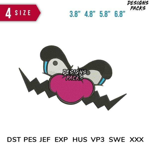 Embroidery design of penguin holding pink heart with lightning bolts, available in PES, DST, EXP formats