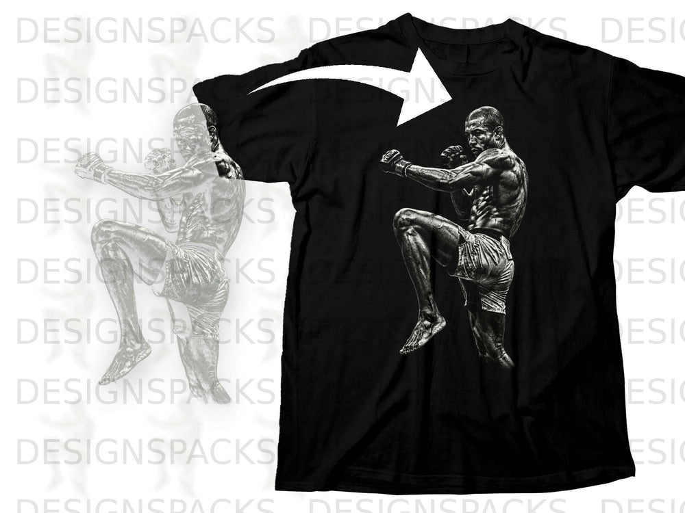 Black t-shirt with a graphic of a Muay Thai fighter executing a knee strike.