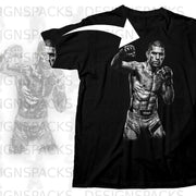 Black t-shirt with a black and white graphic of a muscular fighter in boxing gloves.