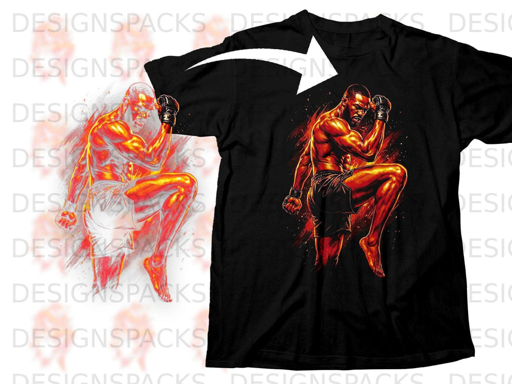 Black t-shirt featuring a graphic of a fighter with fiery red and orange accents.