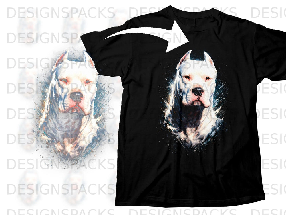 Black t-shirt with an artistic white pitbull portrait print.