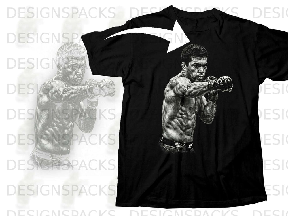 Black t-shirt with a black and white graphic of a muscular fighter in boxing gloves.